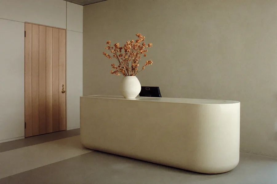 The reception: a plaster counter with dried branches in a stoneware vase